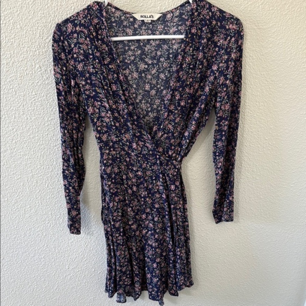ROLLA'S Blue Floral Long Sleeve Wrap Sundress Small
